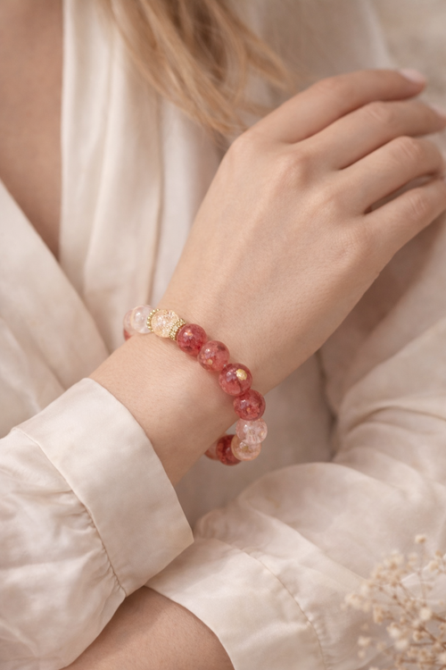 Strawberry Quartz & Clear Crackle Quartz Bracelet · Balance & Love