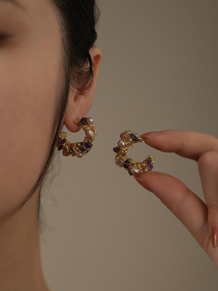 Aurora Amethyst Pearl Hoop Earrings – Handmade Gold Wire Wrapped Statement Earrings | Elegant Vintage Crystal Jewelry