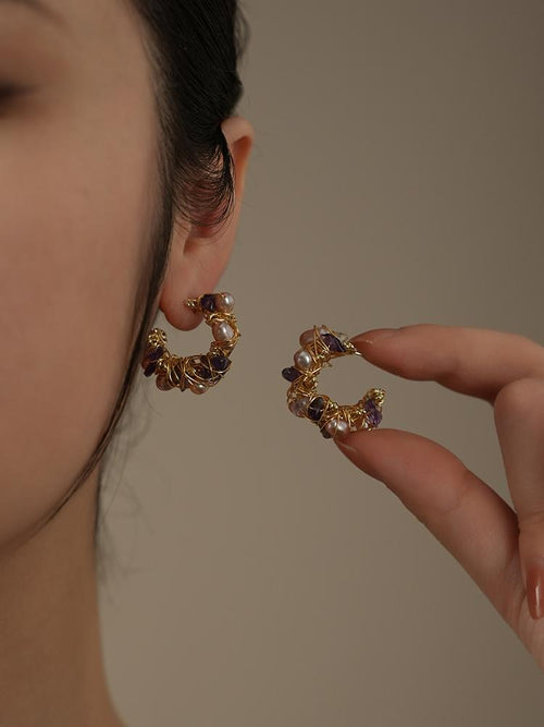 Aurora Amethyst Pearl Hoop Earrings – Handmade Gold Wire Wrapped Statement Earrings | Elegant Vintage Crystal Jewelry