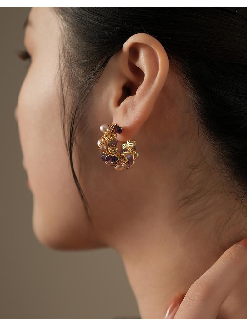 Aurora Amethyst Pearl Hoop Earrings – Handmade Gold Wire Wrapped Statement Earrings | Elegant Vintage Crystal Jewelry