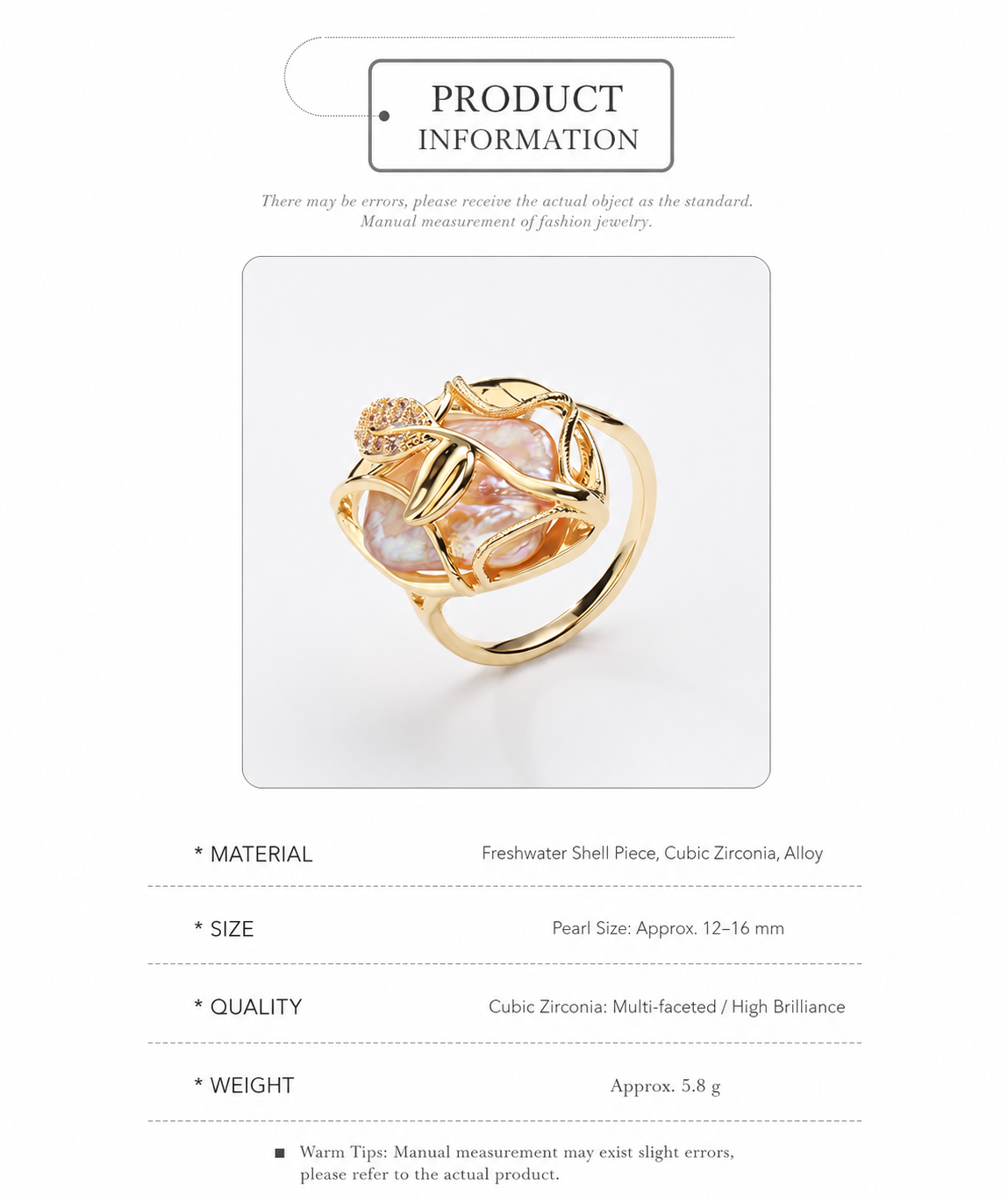 Baroque Pearl Leaf Ring | Adjustable Gold Open Ring | Luxury Statement Jewelry