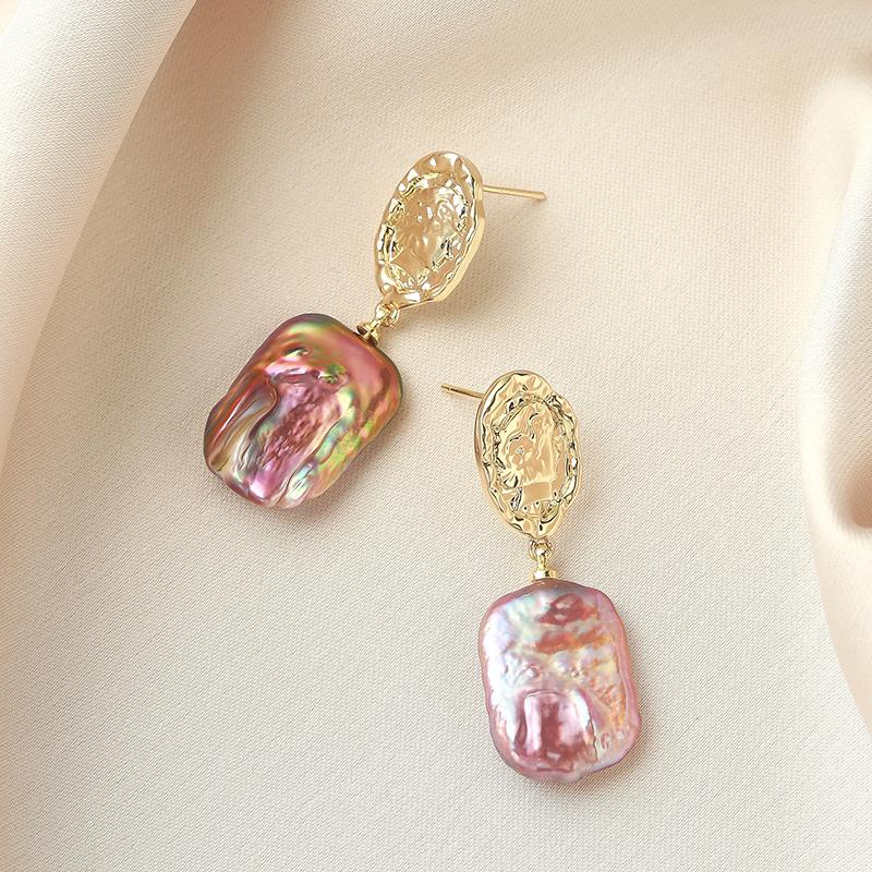 Purple Baroque Pearl Earrings | Iridescent Freshwater Pearl | Abstract Face Gold Stud Earrings