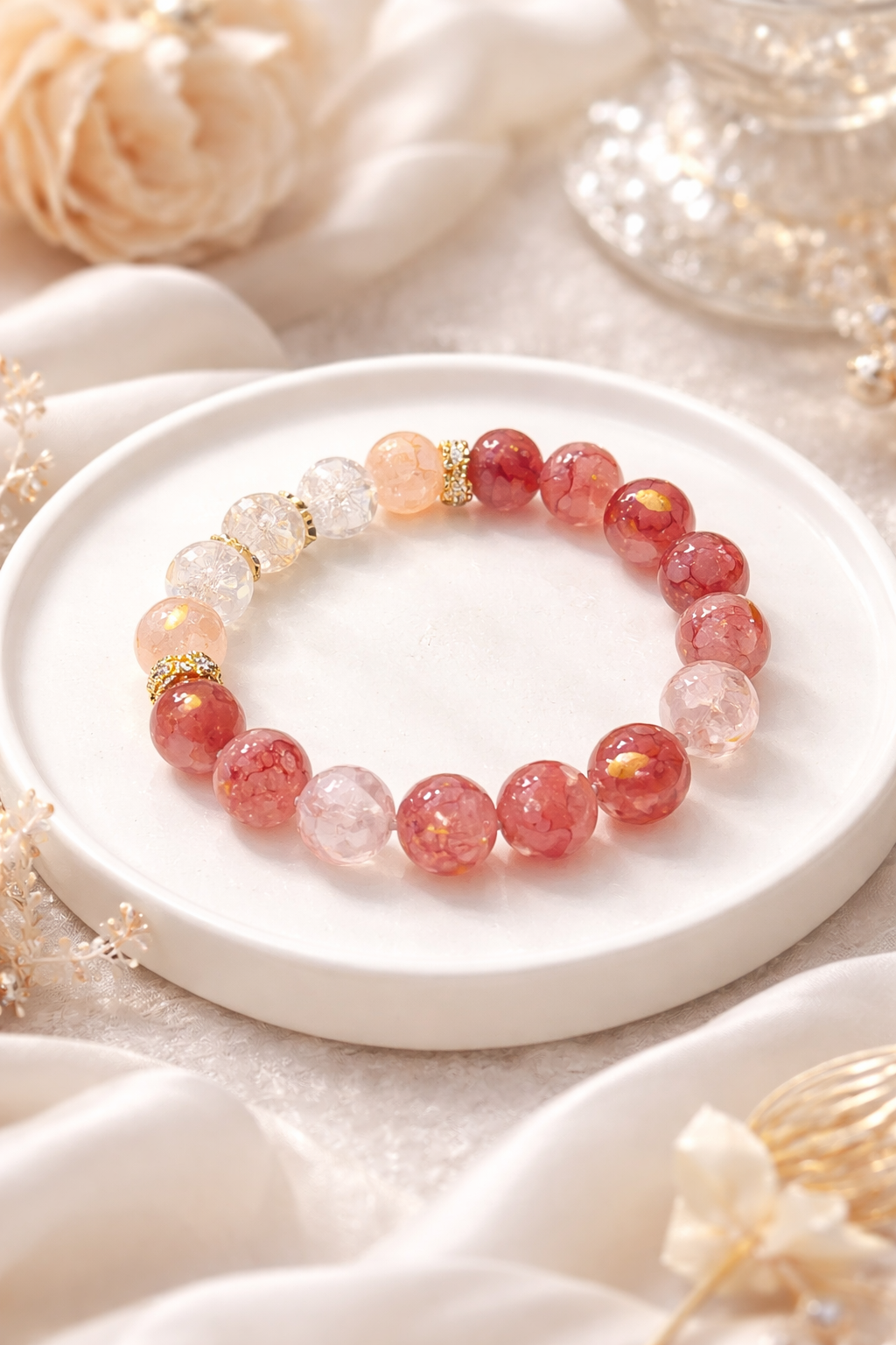 Strawberry Quartz & Clear Crackle Quartz Bracelet · Balance & Love