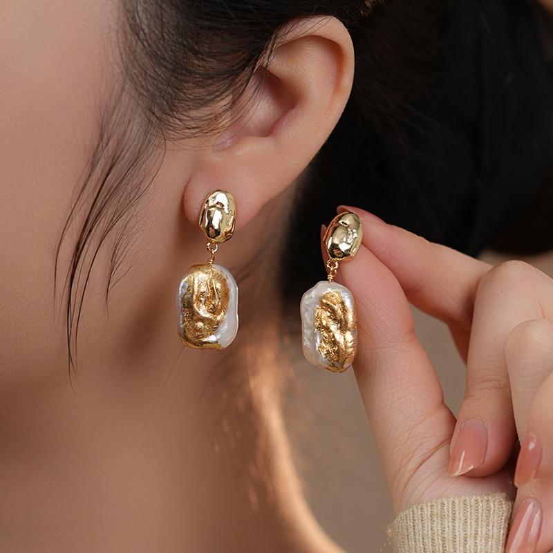 Irregular Baroque Pearl Earrings | Gold Sculpted Stud Drop Earrings | Elegant Statement Jewelry