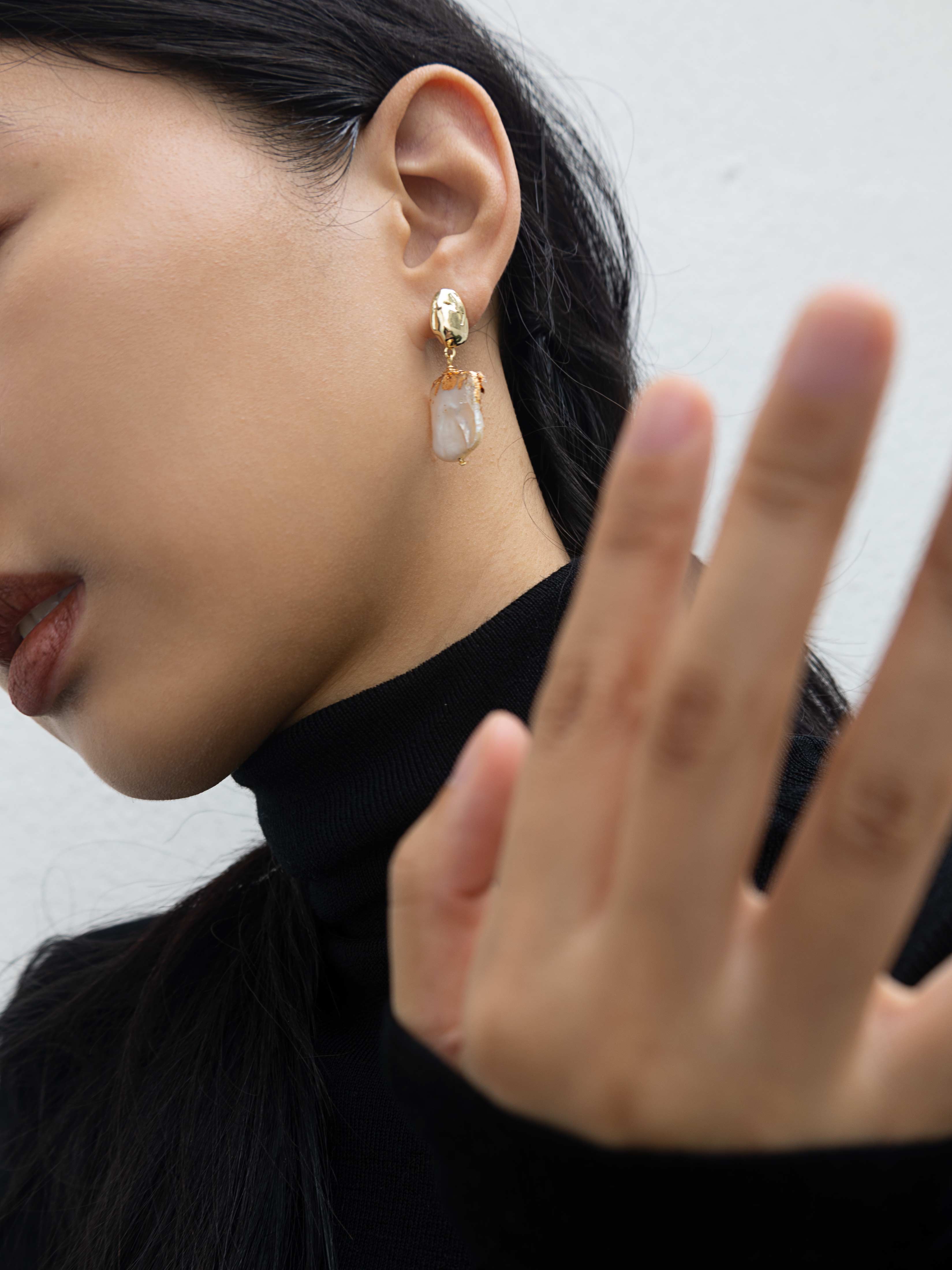 Irregular Baroque Pearl Earrings | Gold Sculpted Stud Drop Earrings | Elegant Statement Jewelry