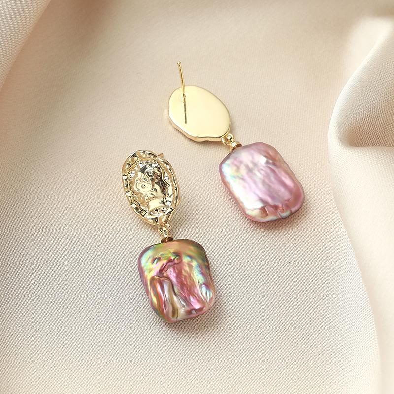 Purple Baroque Pearl Earrings | Iridescent Freshwater Pearl | Abstract Face Gold Stud Earrings
