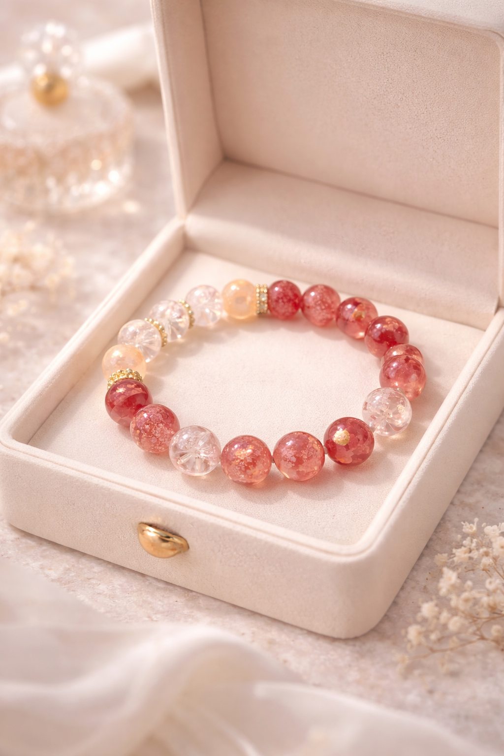 Strawberry Quartz & Clear Crackle Quartz Bracelet · Balance & Love