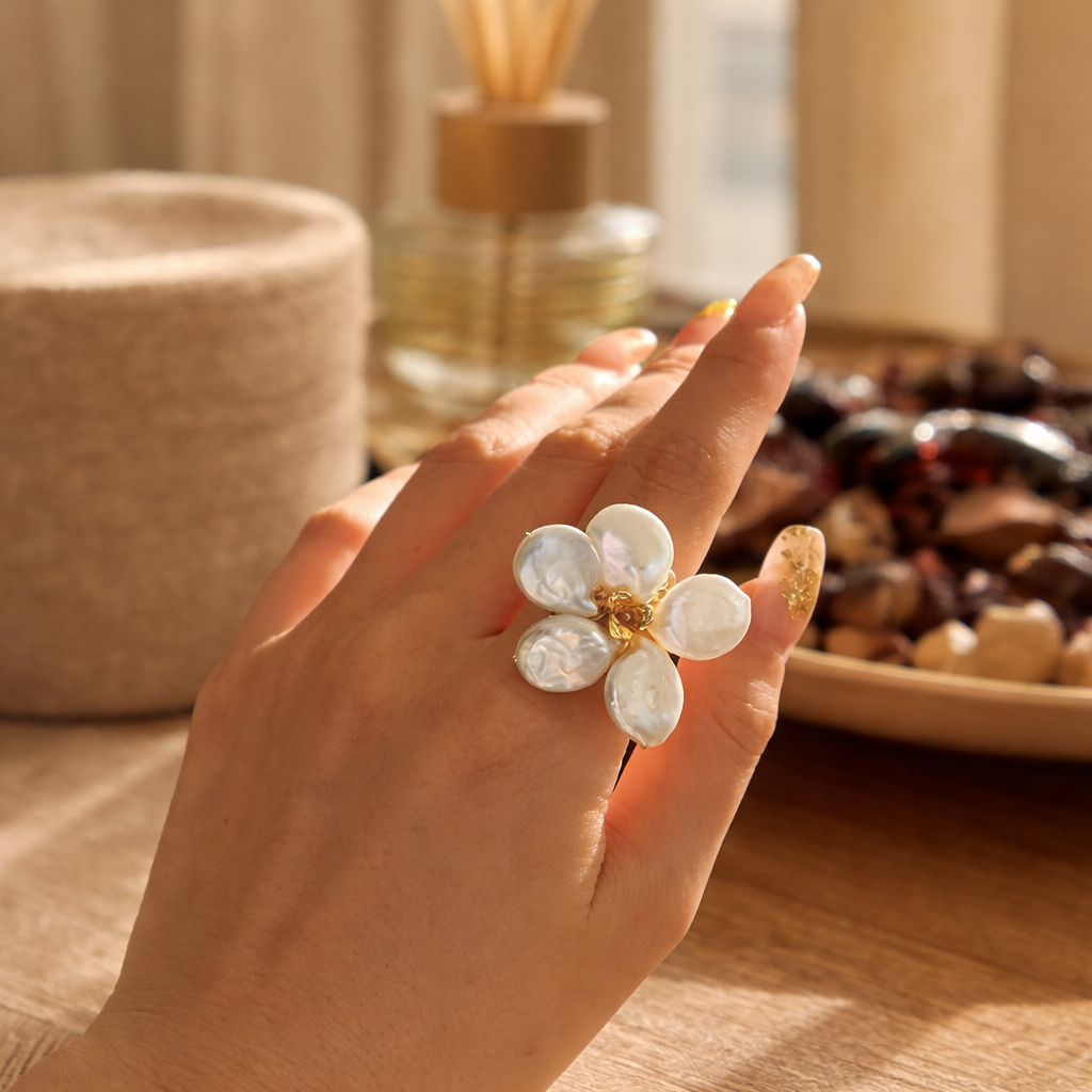 Baroque Pearl Blossom Ring – Elegant Gold Flower Statement Ring