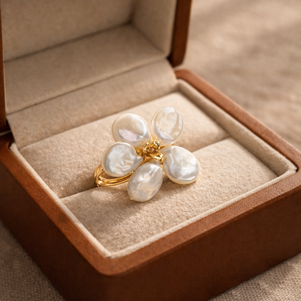 Baroque Pearl Blossom Ring – Elegant Gold Flower Statement Ring