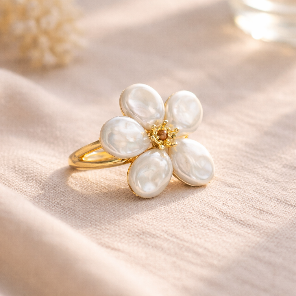 Baroque Pearl Blossom Ring – Elegant Gold Flower Statement Ring
