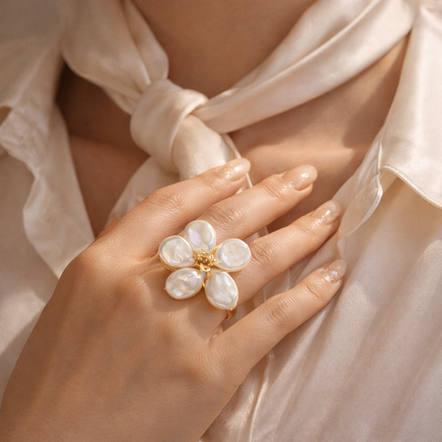 Baroque Pearl Blossom Ring – Elegant Gold Flower Statement Ring
