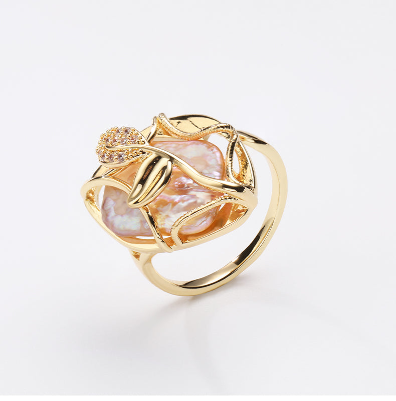 Baroque Pearl Leaf Ring | Adjustable Gold Open Ring | Luxury Statement Jewelry