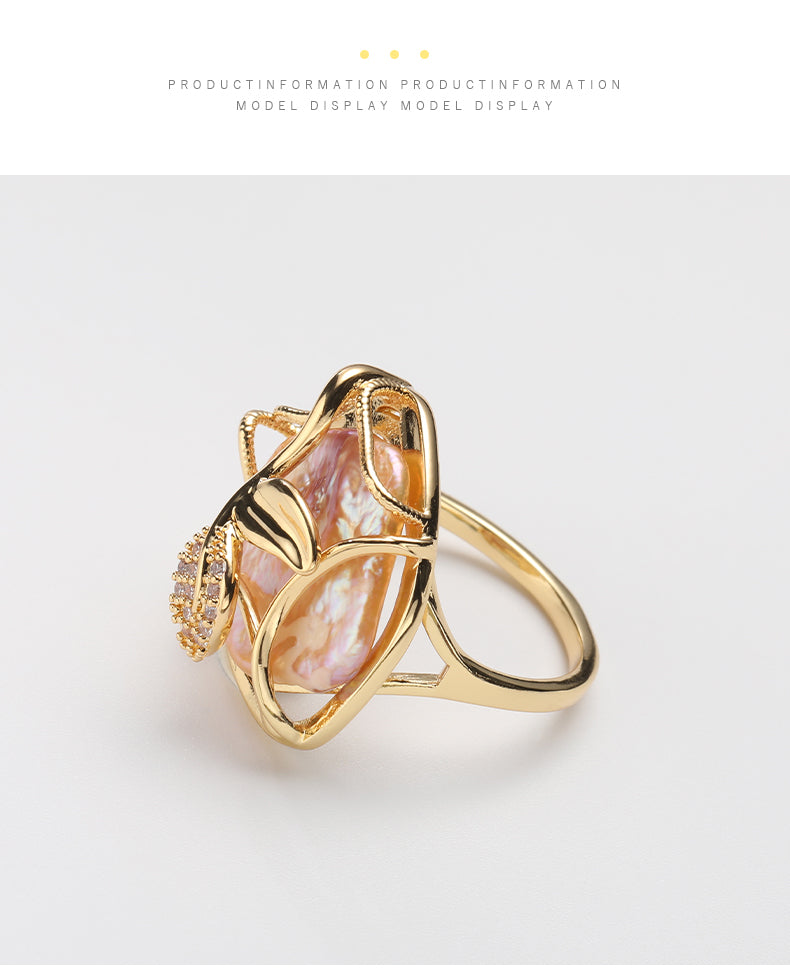 Baroque Pearl Leaf Ring | Adjustable Gold Open Ring | Luxury Statement Jewelry