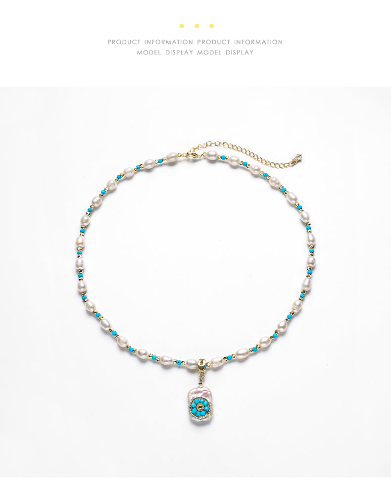 Vintage Freshwater Pearl & Turquoise Beaded Necklace with Baroque Pearl Pendant