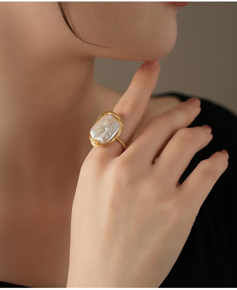 Baroque Pearl Statement Ring | Irregular Freshwater Pearl Gold Ring | Elegant Adjustable Ring for Women