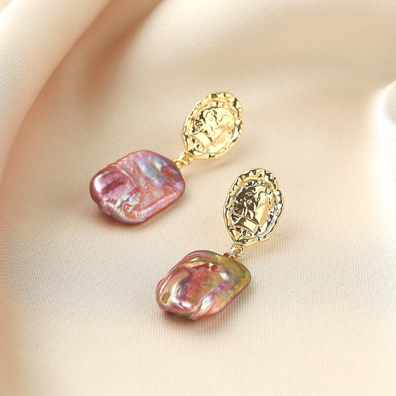 Purple Baroque Pearl Earrings | Iridescent Freshwater Pearl | Abstract Face Gold Stud Earrings