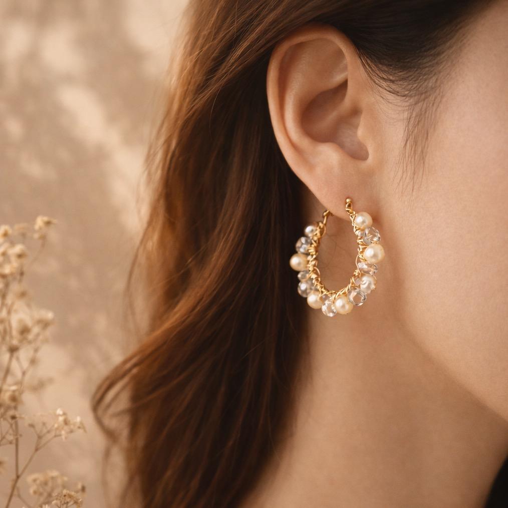 Handmade Pearl Crystal Hoop Earrings | Elegant Gold Wire Wrapped Statement Jewelry