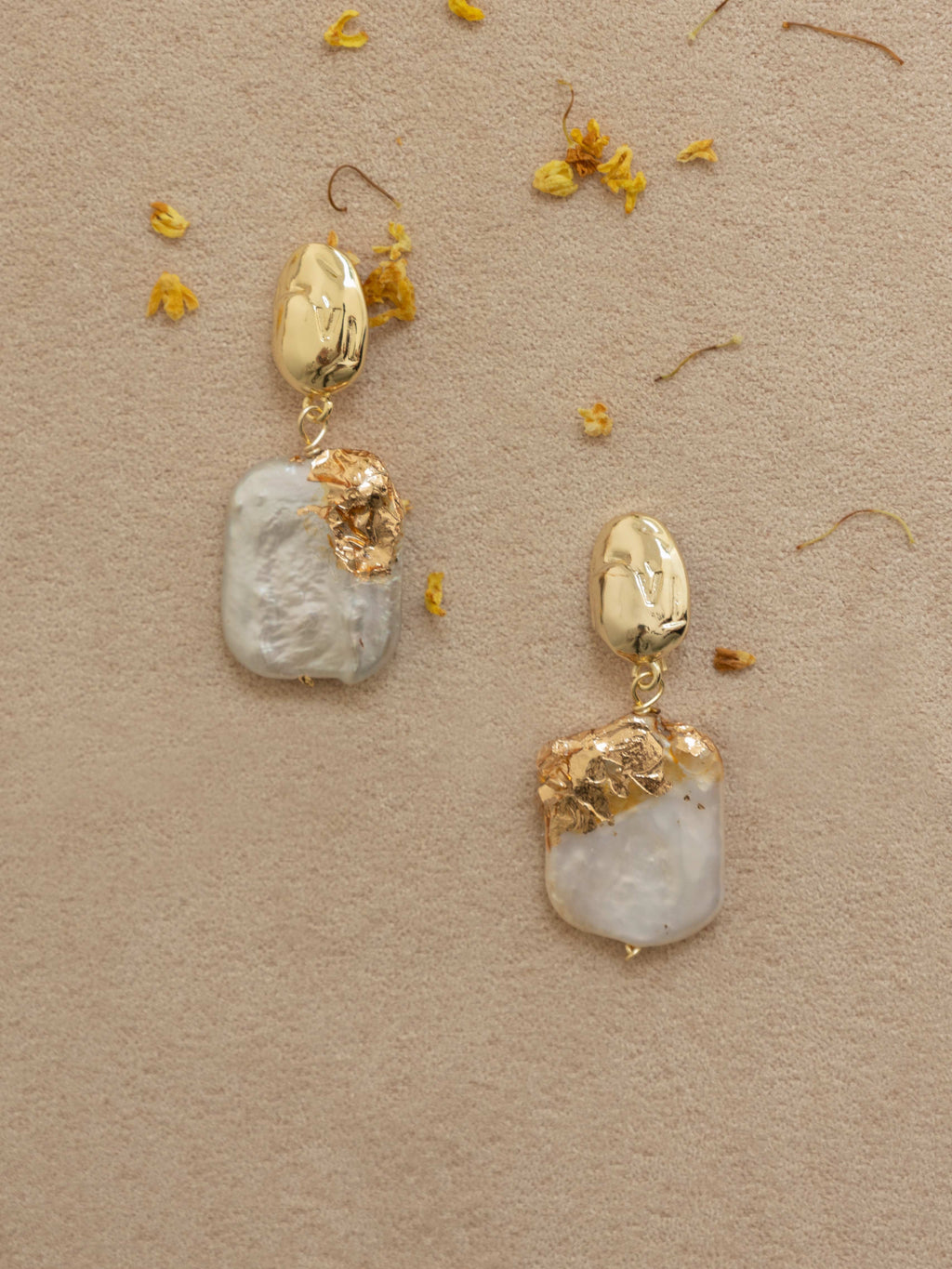 Irregular Baroque Pearl Earrings | Gold Sculpted Stud Drop Earrings | Elegant Statement Jewelry