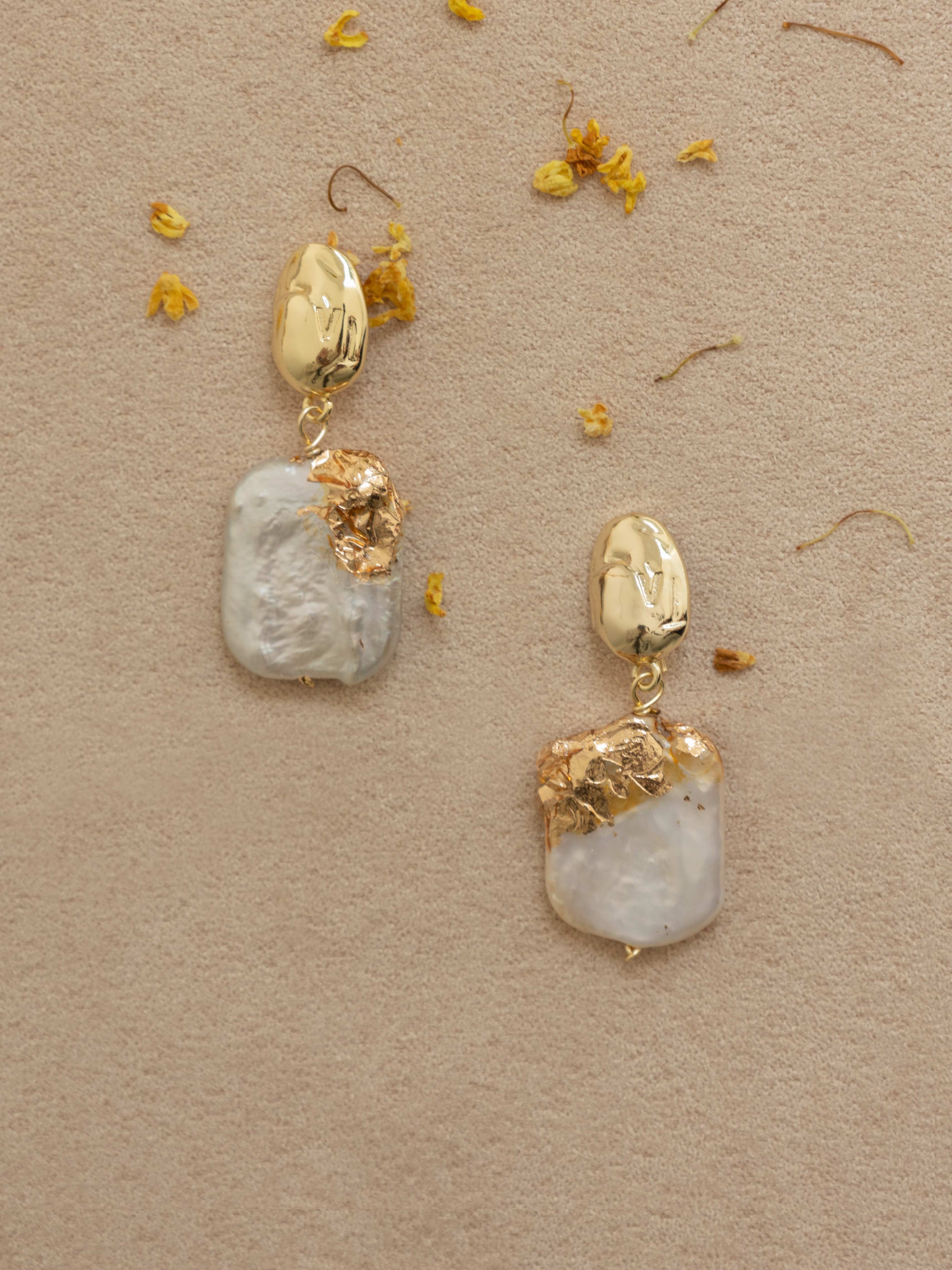Irregular Baroque Pearl Earrings | Gold Sculpted Stud Drop Earrings | Elegant Statement Jewelry