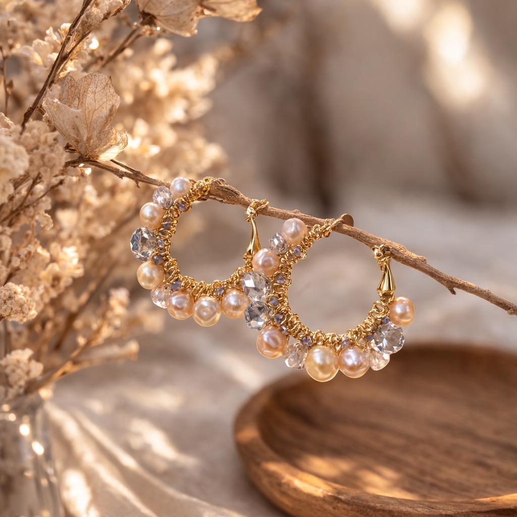 Handmade Pearl Crystal Hoop Earrings | Elegant Gold Wire Wrapped Statement Jewelry