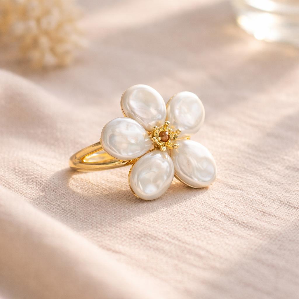 Baroque Pearl Blossom Ring – Elegant Gold Flower Statement Ring