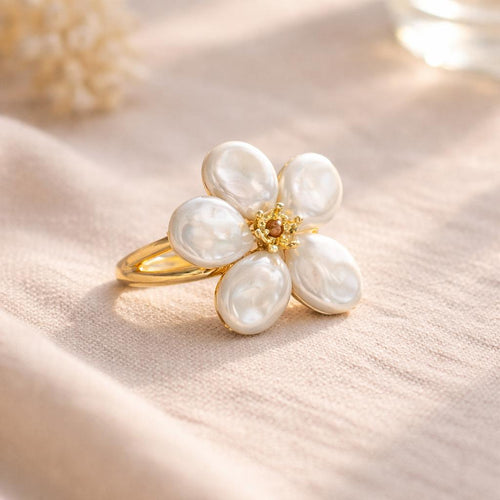 Baroque Pearl Blossom Ring – Elegant Gold Flower Statement Ring