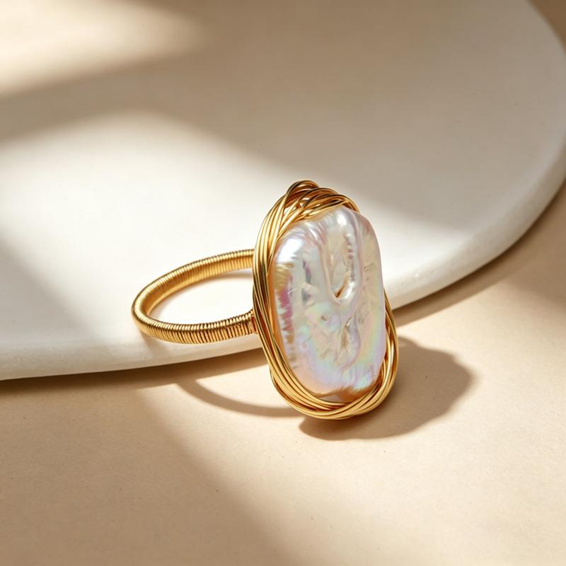 Baroque Pearl Statement Ring | Irregular Freshwater Pearl Gold Ring | Elegant Adjustable Ring for Women