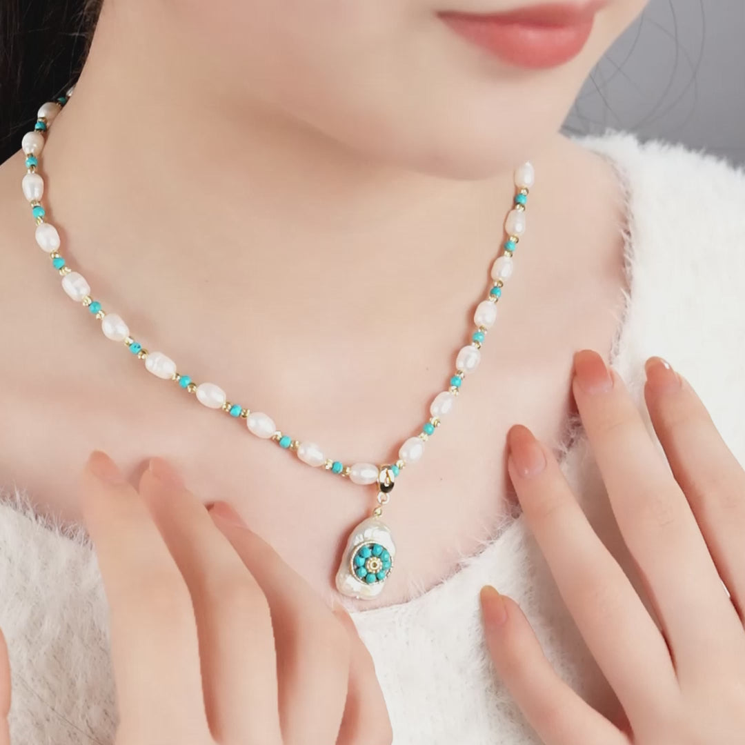 Vintage Freshwater Pearl & Turquoise Beaded Necklace with Baroque Pearl Pendant